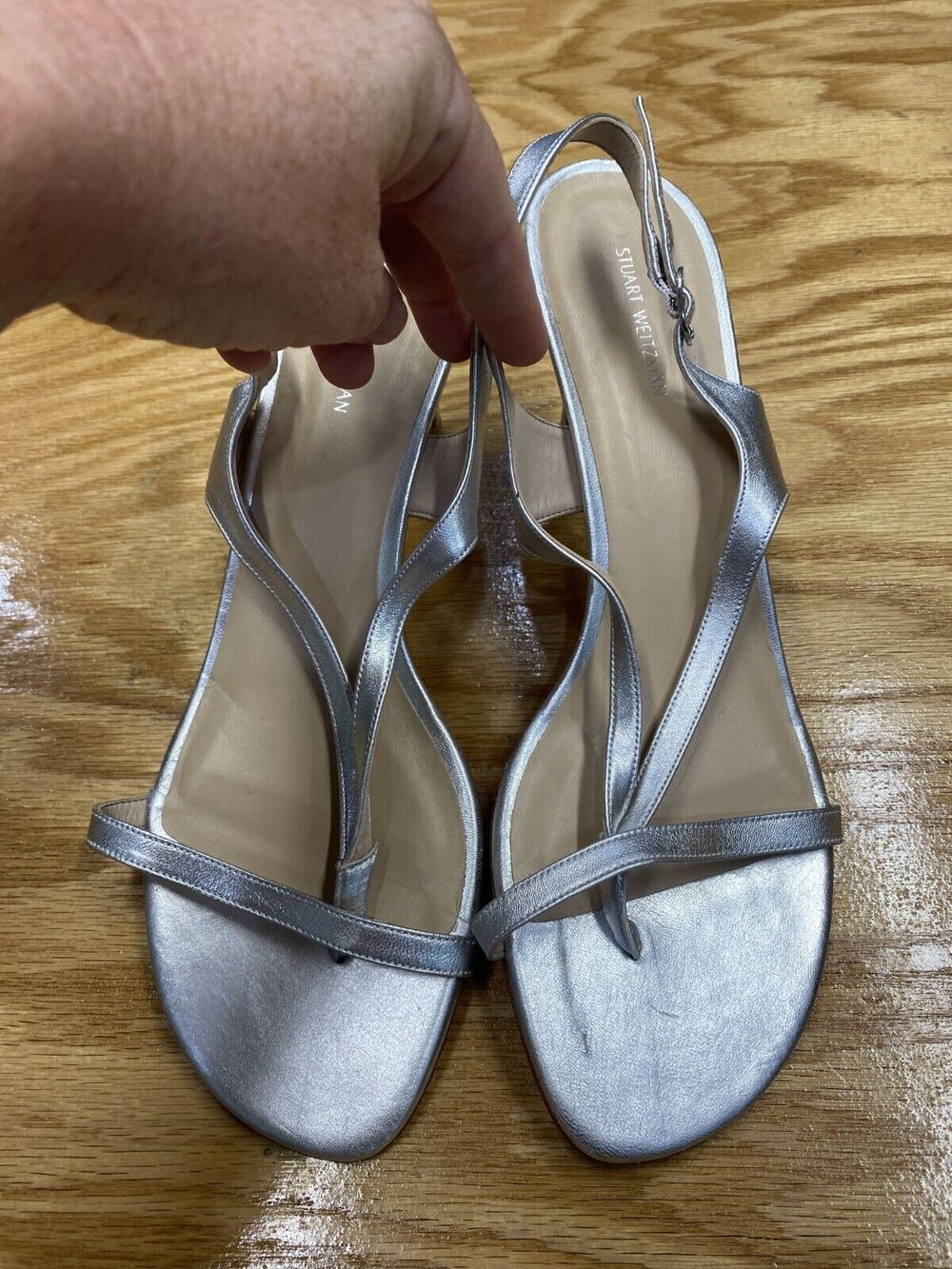 Stuart Weitzman Align Sandals Womens 11B Silver Buckle Strap Stiletto Preppy S61